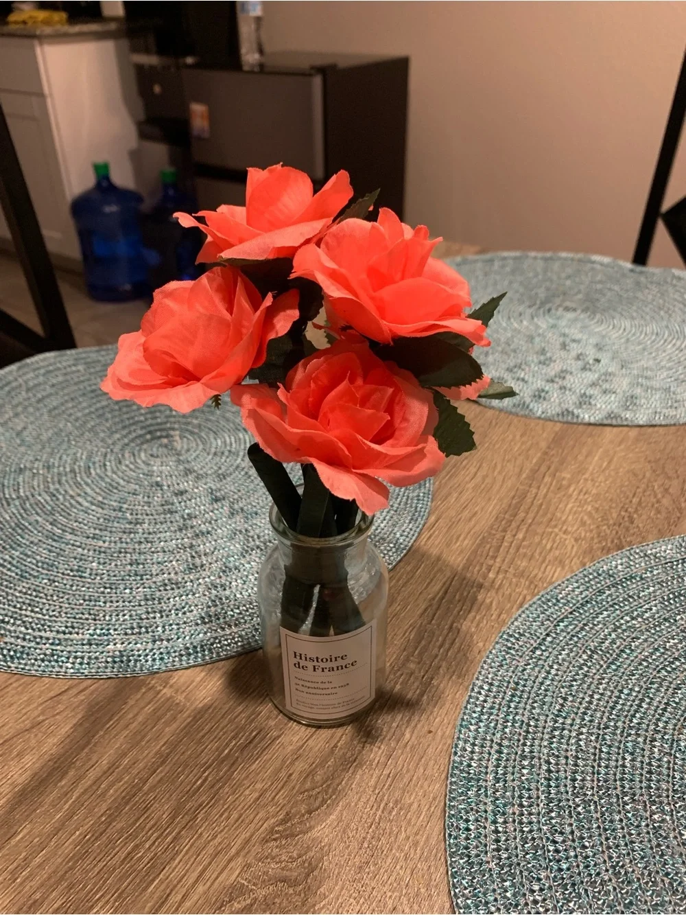 Coral Artificial Rose Bouquet in Glass Vase - Home Accents, office decor.